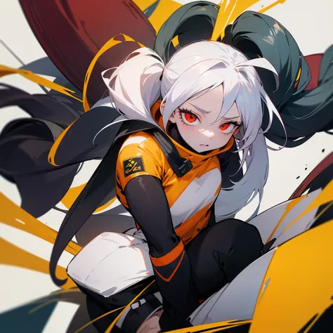 a pale girl, Her hair is black and she wears two low pigtails that fall on her shoulders due to her long hair., has a red eye (Right) and the other yellow (left), he is wearing a diver (Boku no hero academia). He is in a fighting position and a dark energy...