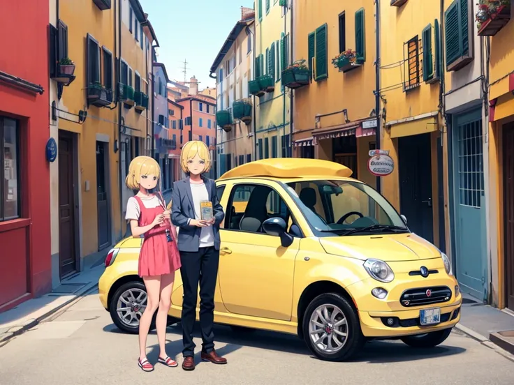 One Girl、Blonde、italian town、Girl behind the yellow car、Fiat 500、Smiling、Retro car、Upper Body、