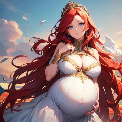 beautiful pregnant queen, wavy red hair, blue eyes, ornate white dress, cleavage