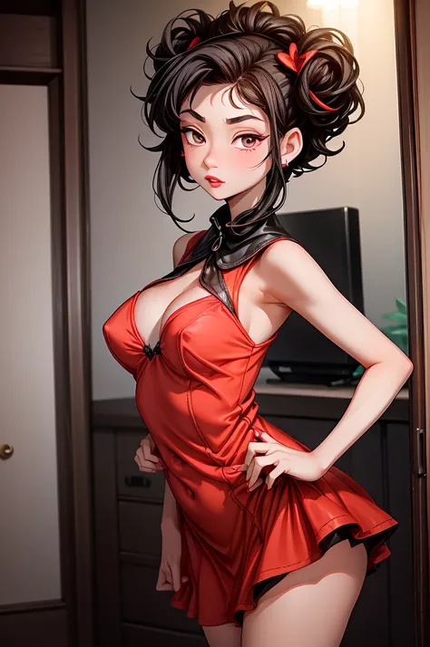 (8K HDR photorealistic pic), Betty Boop, short, althetic, curvy lady, ((tight little red dress)), dark eyebrows, black lipstick, (hoop earrings), dark eyeshadow, black lipstick, curvy, busty, (curly short black hair), shortstack, (retroussé breasts), darli...