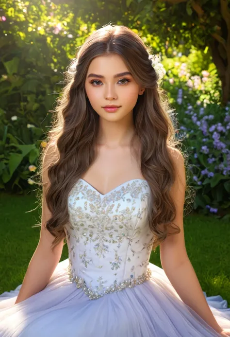 a cute girl, 1girl, beautiful detailed eyes, beautiful detailed lips, extremely detailed face and portrait, long eyelashes, long hair, intricate hair ornament, elegant dress, sitting in a lush garden, colorful flowers, sunlight filtering through trees, war...