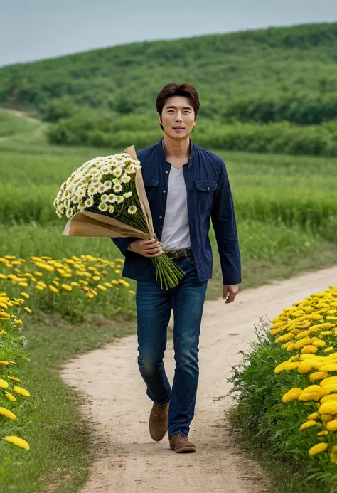 A Young Kwon Sang Woo ,korea actor, full  body, walking along the grass road, at country side, beyond the meadow, holding a bundle of chrysanthemum,  XF IQ4, 150MP, 50mm, ISO 1000, 1/250s, natural light, Adobe Lightroom, photolab, Affinity Photo, PhotoDire...