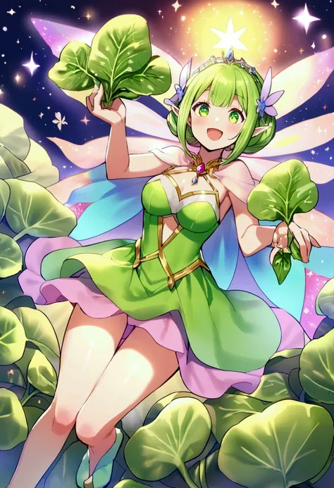 a  fairy flying over a pile of Spinach , holding one Spinach on her hand