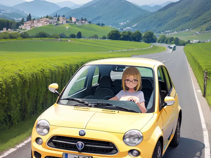 One Girl、Blonde、Big Breasts、Glasses、intellectual、Smiling、italian countryside、Yellow car、Fiat 500、Smiling、Retro car、Upper Body、Focus on the face、