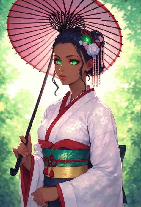 a dark-skinned anime geisha with green eyes holding a parasol, admirer, beautiful detailed eyes, beautiful detailed lips, extremely detailed eyes and face, long eyelashes, intricate kimono, detailed hair ornaments, cinematic lighting, glowing skin, moody l...