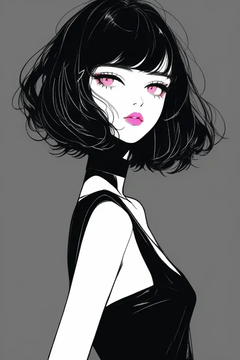 (Best quality, sketch:1.2),realistic,illustrator,anime,1 girl, detailed lips, black dress,custom, (dark monochrome background),neon hair,Textured trim, masterpiece, retro classic style, dark black, art, sketch book, (black bob hair:1.75 neon:1.32), bad wom...