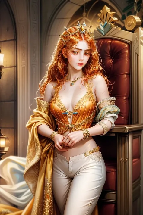 an incredibly beautiful 18-year-old sultan woman with copper-red hair, (((aquiline face))) and (((yellow eyes))), a ((tanned skin)) and with a short and thin body, with many freckles on her face, she dresses in a rich long silk spacey pants and a silk vest...