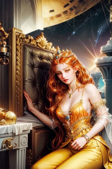 an incredibly beautiful 18-year-old sultan woman with copper-red hair, (((aquiline face))) and (((yellow eyes))), a ((tanned skin)) and with a short and thin body, with many freckles on her face, she dresses in a rich long silk spacey pants and a silk vest...