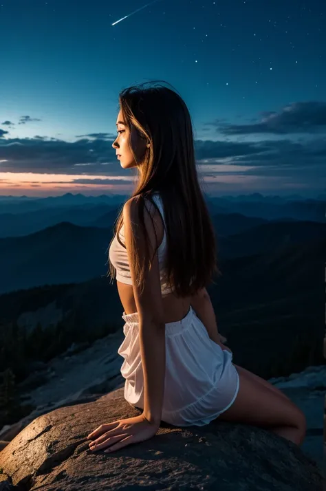 Cute woman on top of the mountain at night, looking at the horizon with a feeling of sadness 