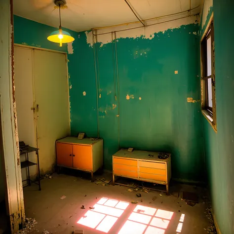 Kowloon City ,retro , neon ,Abandoned　apartment ,in bedroom