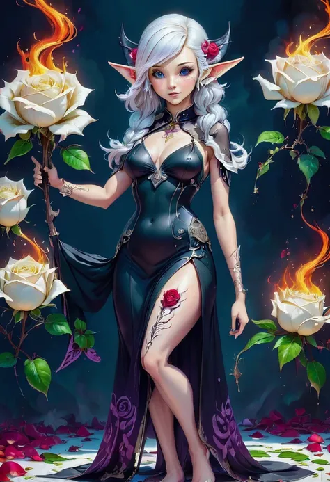 Arafed, Dark fantasy art, fantasy art, goth art, a picture of a tattoo on the back of a female elf, a glowing tattoo of a ((white rose: 1.3)) on the elfs back, the ((rose tattoo)) is vivid, intricate detailed coming to life from the ink to real life, Glowi...