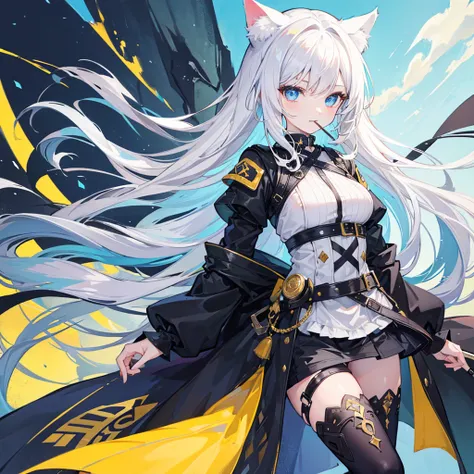 one girl,highest quality,cigarette in mouth,Very big breasts,long hair,very small height,dead pan,blue eyes,white hair,cat ears,cat tail,Black and white medieval fantasy dress with yellow trim.,Meadow Background,A brightly smiling face,waist belt,He has tw...