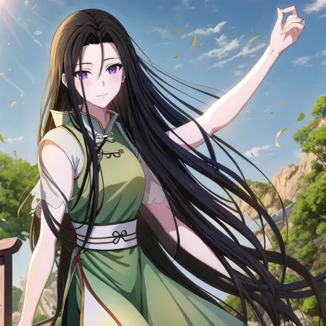 ( Best Quality, ancient china, A girl, long green chinese dress), long hair tied in two tomatoes, black hair, purple eyes, with a white ribbon on her head
