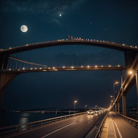 Beautiful bridge at night lit up with the moon and cars passing by 