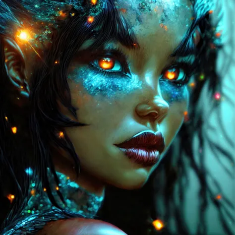 portrait, a battle angel portrait, beautiful black skin with sparkles and glitter, long long hair, shiny and lightening eyes det...