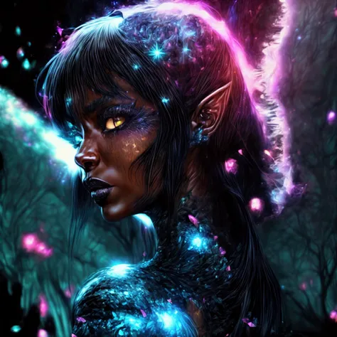 portrait, a battle angel portrait, beautiful black skin with sparkles and glitter, long long hair, shiny and lightening eyes det...