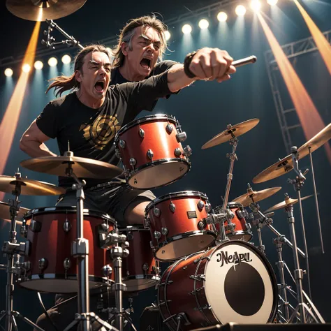 a metal drummer on stage, slightly based on Neil Peart l, shouting straight into the camera, HDR, 8K, ultra-sharp, field of depth, hyperrealism, in motion effect, glimmer splashing from the drums, weirdly tilted angle view, grunge