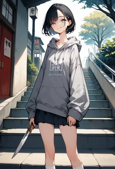 (8K, best quality, master piece: 1.2),Ultra High Resolution,11 year old beautiful girl,Ultra High Resolution, detailed eyes,Tsurime Eyes,(smirk),Oversized dark gray short sleeve hoodie(dark gray:1.4),（navy pleated skirt）,white socks、sneakers、whole body、bla...