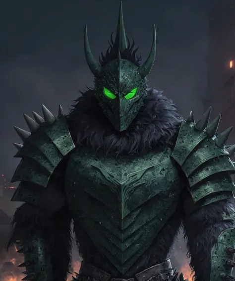 (extremely detailed 8k wallpaper), a medium shot photo of  Grim dressed as a scary masked navy and green furry-supervillain in a navy and green spiked armour made of fur glowing armour with spikes from marvel, theme, intricate, high detail, dramatic, furry...