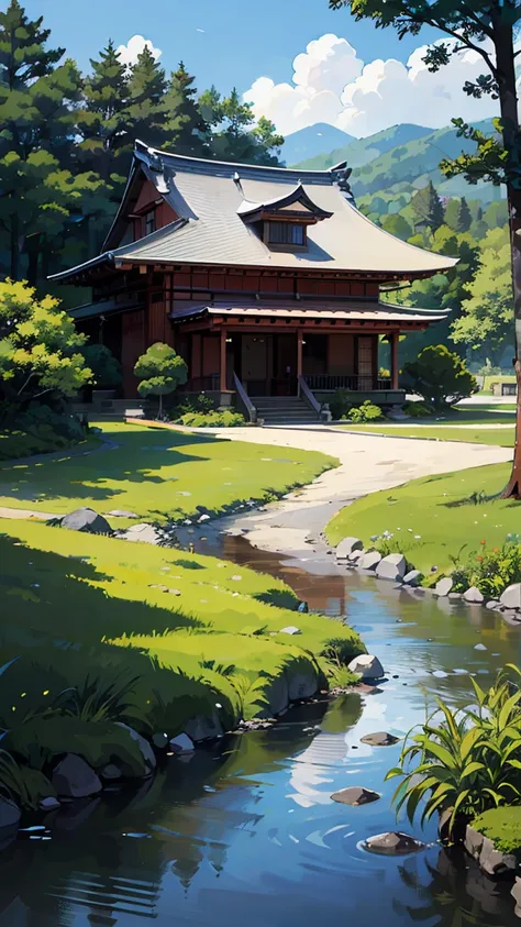 masterpiece, best quality, highly detailed background, perfect lighting. Traditional Japanese mansion in the forest ((Background))