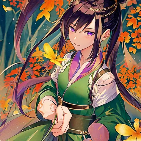 ( best quality, ancient china, a girl, long green chinese dress), long hair tied in two tomatoes, black hair, purple eyes, with ...