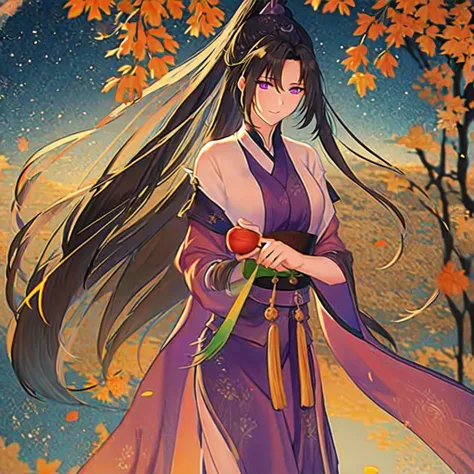 ( best quality, ancient china, a girl, long green chinese dress), long hair tied in two tomatoes, black hair, purple eyes, with ...