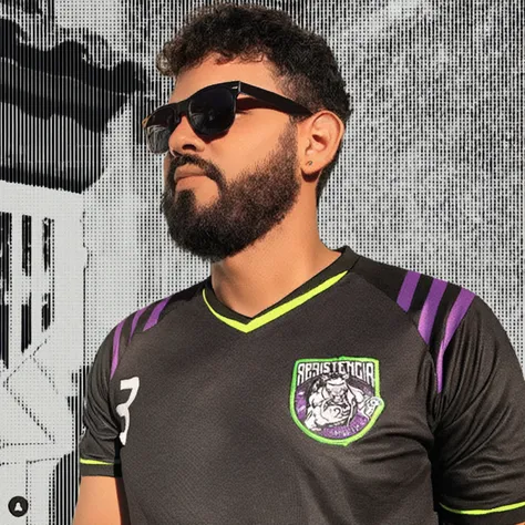 Man with beard and sunglasses in front of a wall, dan dos santos, caio santos, joel torres, profile pic, emad mostaque, Mohammed Chahin style, edu souza, danilo torres, Khyzyl Saleem, mohamed reda, Mohammed Chahin, david rios ferreira, Riyad Cassim, Roshan