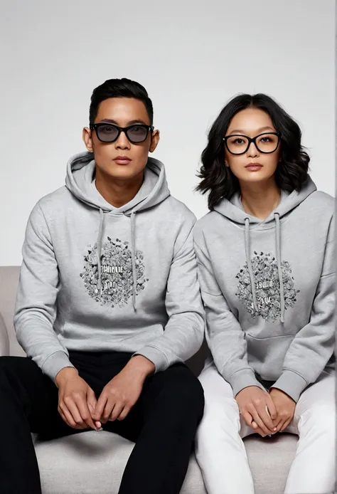 
2 people took a picture on the left side of 1 man wearing a gray hoodie,there is an &quot;S&quot; written on it with black glasses on the right. 1 woman is wearing a gray hoodie,there is an &quot;F&quot; written on it with black glasses, 
These 2 people a...