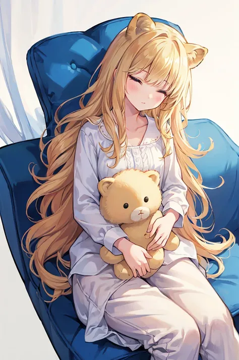 White Background, masterpiece, Highest quality, Very detailed, figure, White Background,  Lion stuffed animal pillow,  close your eyes, cute, girl, alone, From above, Beige Hair, Long Hair, Wavy Hair, Blunt bangs, blouse, close your eyes, Wearing pajamas, 