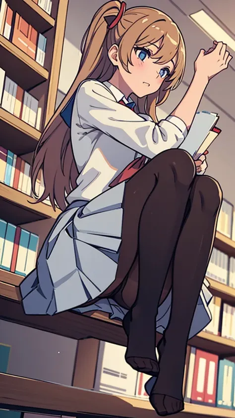 Pantyhose,high school girl,Angle from below,Crouching,library