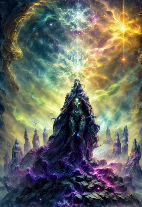 (best qualityer, ​masterpiece) Mystical man reigning in the middle of the universe, royaltly, Infinity of servants around your castle, corpo astral, deep meditation, Etheric atmosphere, Auric, mythological creatures in the background, star fog, bioluminesc...