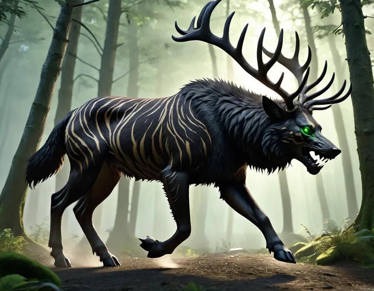 full body portrait of realistic big black beast, feral, side view, trotting motion, long legs, four legged, wolf tiger deer bear hybrid skull face, twisted horns, twisted antlers, bear, tiger, wolf, wendigo, deer, hybrid body with beryl green eyes, beryl g...