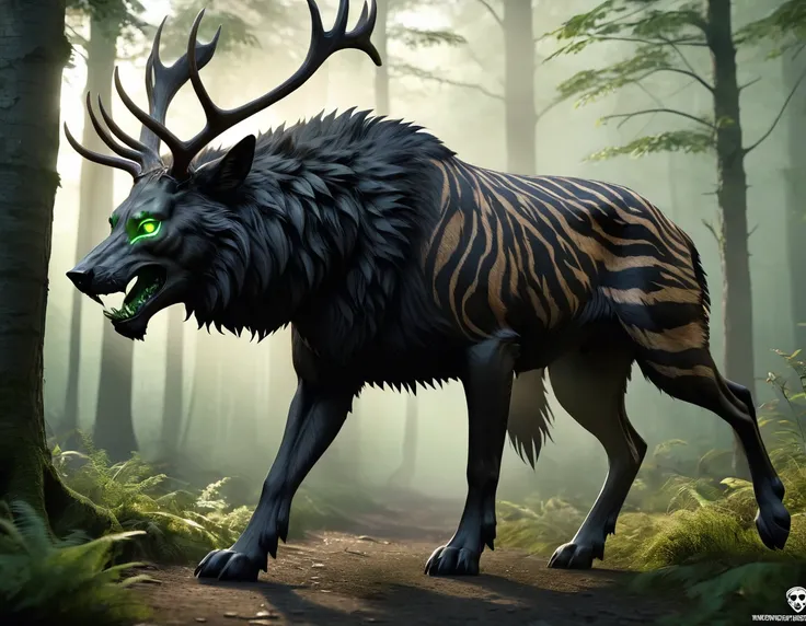 full body portrait of realistic big black beast, feral, side view, trotting motion, long legs, four legged, wolf tiger deer bear...