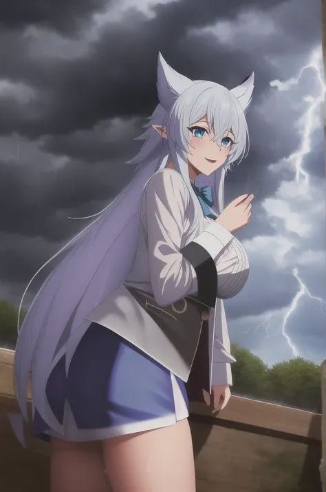 sysdeep_fenrys, 1girl, solo, long_hair, large_breasts, blue_eyes, white_hair, pointy_ears, into_the_sky, rain, storm, wet_clothes, skirt, top, spell, magical_circle, casting, thunder, lightning, wet_clothes, wet_hair