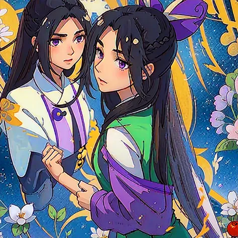 ( best quality, ancient china, a girl, long green chinese dress), long hair tied in two tomatoes, black hair, purple eyes, with ...