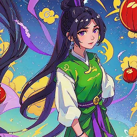 ( best quality, ancient china, a girl, long green chinese dress), long hair tied in two tomatoes, black hair, purple eyes, with ...