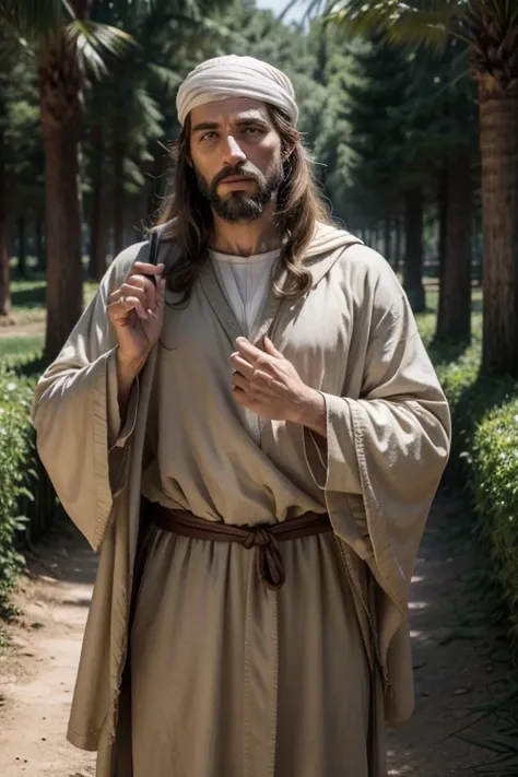 a man with the characteristics of Joseph, father of Jesus, leading Jesus as a  along a path