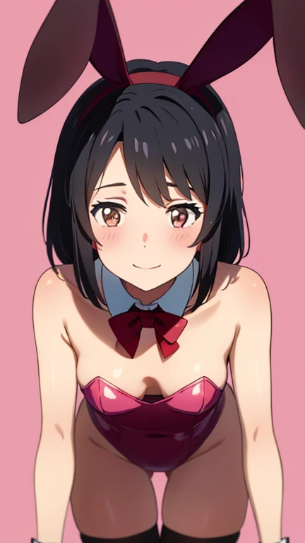 shinkai makoto, Kimi No Na Wa., One girl, bangs, Black Hair, blush, Brown eyes, Glowing Skin, Red headband, Red ribbon, Red Bow, Exposing shoulders, Black knee socks, short hair, smile, Open your mouth, cute, alone, Happy, hair ornaments, Bunny ears, Playb...