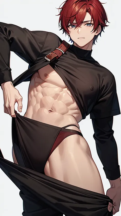 a man with short red hair with a light blue left eye and a brown right eye., light skinned and dressed only in tight black underwear, with a completely white background, anime style 