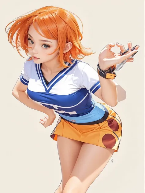 a beautiful girl, very sexy, with short orange hair, with skirt, with jersey.