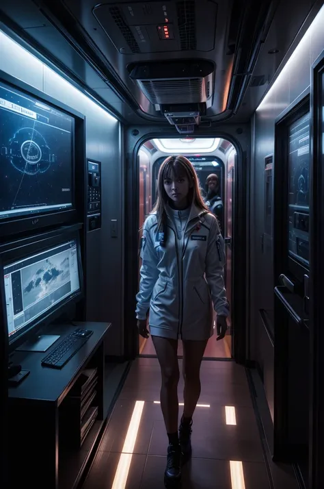 You are on board a futuristic spaceship heading to Mars. The room is illuminated by a soft, bluish light., coming from LED panels embedded in the white, futuristic walls of the ship. Uniformed crew members move with elegance and determination through the c...