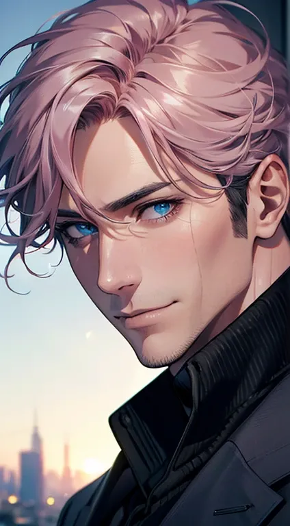 (best quality,4k,8k,highres,masterpiece:1.2),ultra-detailed,(realistic,photorealistic,photo-realistic:1.37),1 man,35 years old,mature man,very handsome,without expression,smile,short grey pink hair,blue eyes,penetrating gaze,perfect face without errors,imp...