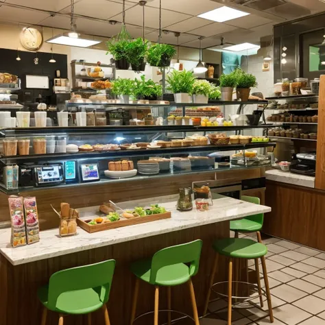 small cafe, 3D, View from inside, focusing on the counter.
Cafeteria plants and decorations 