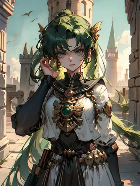 Black Kakalot Female, Green Hair, Look at Viewer, ancient tower
