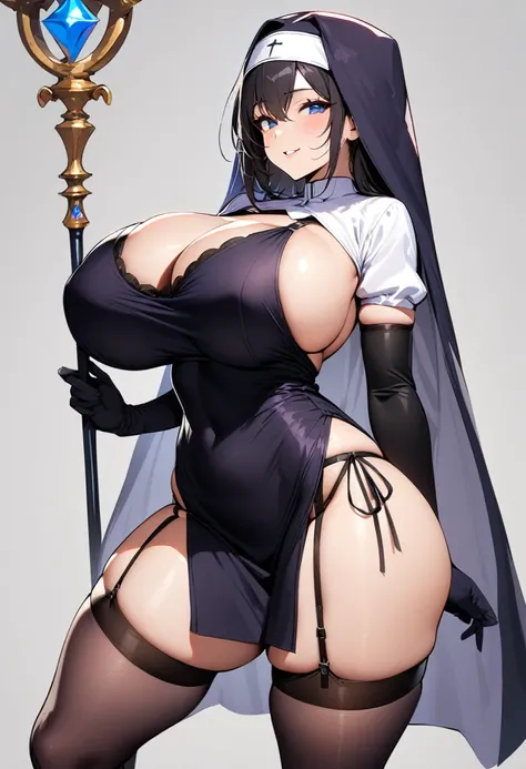 masterpiece, best quality, 1girl, solo, breasts, thighhighs, blue-eyes, staff, (huge-breasts), gloves, boots, black-hair, nun, habit, elbow-gloves, sideboob, garter-straps, purple-thighhighs, skirt, smile, curvy, thighs, full-body, simple-background, minis...