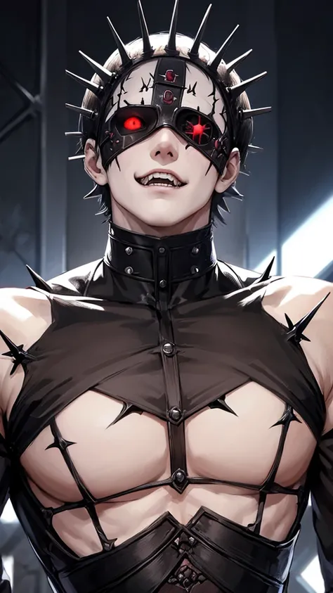 anime hellraiser cenobite  male  ,view up  from floor  , sharp teeth , one eye patch , short brown hair