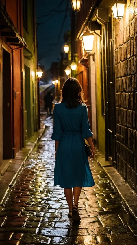 night　Light from the window　Woman walking and peeking　A cobblestone road in light rain　alley　cheap fabric dresses