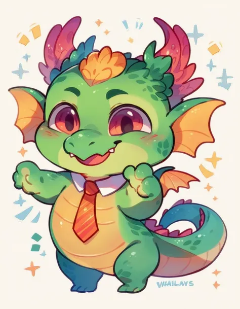  high quality, (dragon), (cute little Dragon), (cartoon:1.3),(((chibi:1.2))),(pixar style:1.2),(cute expression:1.1), ((((red with yellowish colors)))), he wears a gold tie, (((applause pose))), white background, full body, very cute