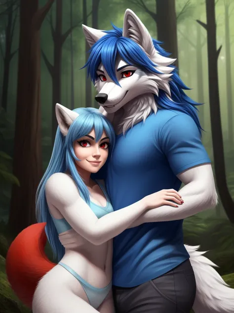 Posing, Female, 30 years old, cute, eyeliner, long hair, biting lip smile, blue shirt, bedroom eyes, anthro, wolf ears, (white fur:1.5), wolf, forest background, 8k, hi res, (best quality, masterpiece), red eyes, (wolf tail:1.5), hugs a human boy with blue...