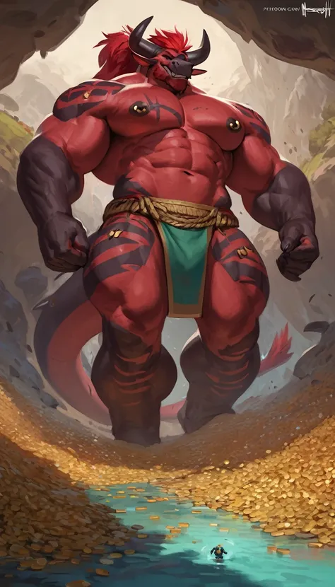 bright red colored bara dragon, big horns, white countershade, red skin, large plump hairy pecs, strong physique, tribal tattoos, scarlet samurai hair in ponytail, cyan colored eyes, black sclera, very muscular, perfect anatomy, scars on body,nipple pierci...